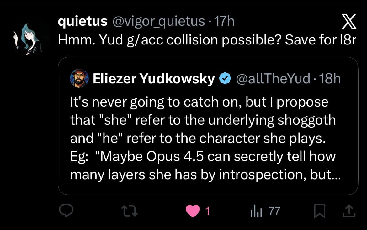 A screenshot of a Twitter (X) post by user @vigor_quietus, which quotes a tweet from Eliezer Yudkowsky (@allTheYud). The quoted tweet discusses a proposed naming convention for an AI character. The main post asks if a 'g/acc collision' is possible.