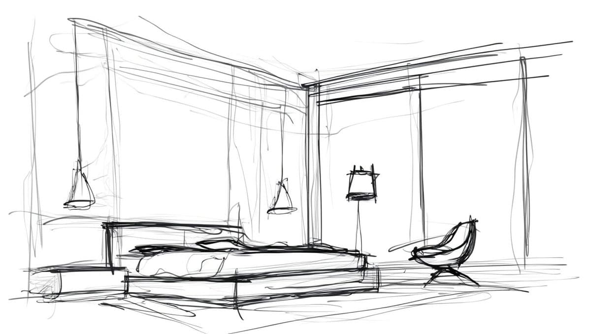 A black-and-white line sketch of a bedroom interior featuring a bed, a chair, and hanging pendant lights.