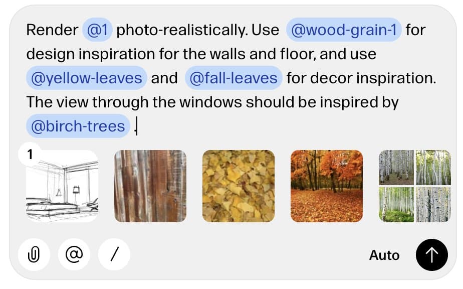 A screenshot of a mobile app interface showing a text prompt for an AI image generator. The text instructs the AI to render a sketch photo-realistically using specific reference images for wood grain, leaves, and birch trees. Below the text, five reference images are displayed: a line drawing of a room, a close-up of wood grain, yellow leaves, a forest with autumn foliage, and a grid of birch trees.