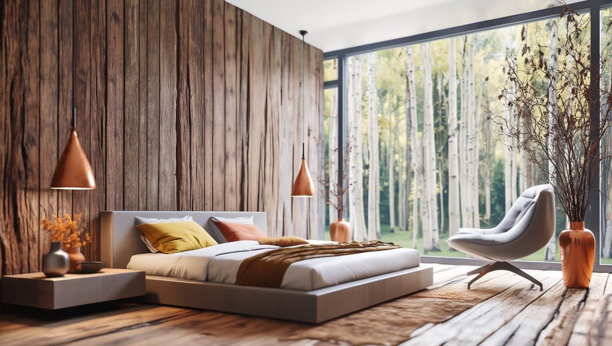 A digital rendering of a modern bedroom featuring a low-profile bed with white and yellow linens, a wood-paneled accent wall, and copper pendant lights. Floor-to-ceiling windows reveal a view of a birch forest, and the room is furnished with a white armchair and decorative vases on a wooden floor.