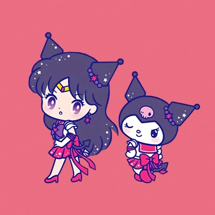 A digital illustration of two chibi-style characters, a girl and a black cat-like creature, dressed in matching dark purple witch costumes with star patterns and pink accents against a solid pink background. The girl has long dark hair and a surprised expression, while the cat character has a skull emblem on its forehead and a content smile.