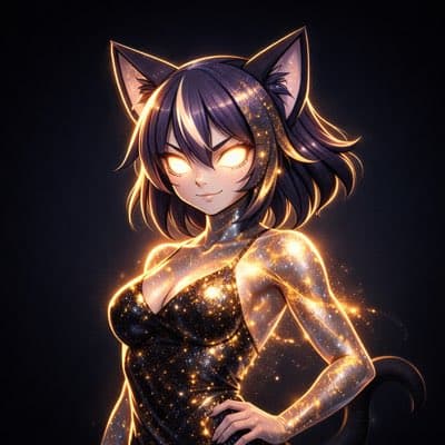 A digital illustration of a female anime character with cat ears and a tail, featuring glowing, starry skin and a dark, sparkly bodysuit against a black background.