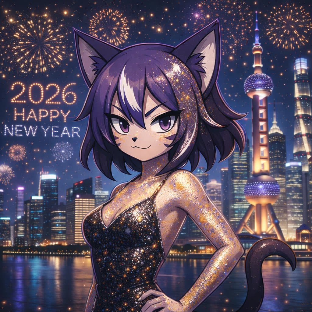 A digital illustration of a purple-haired anime character with cat ears and a tail, wearing a sparkly black dress, standing in front of a city skyline with fireworks. The text '2026 HAPPY NEW YEAR' is displayed on the left side of the image.