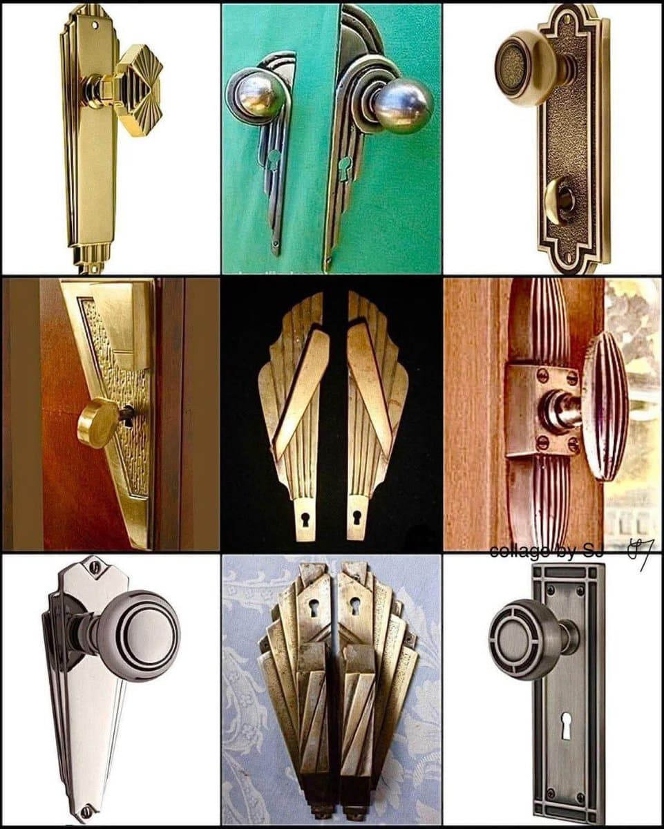A nine-panel collage showcasing various Art Deco-style door handles and knobs in different metallic finishes and designs. The image features geometric, fan-shaped, and streamlined hardware mounted on doors or displayed against plain backgrounds.