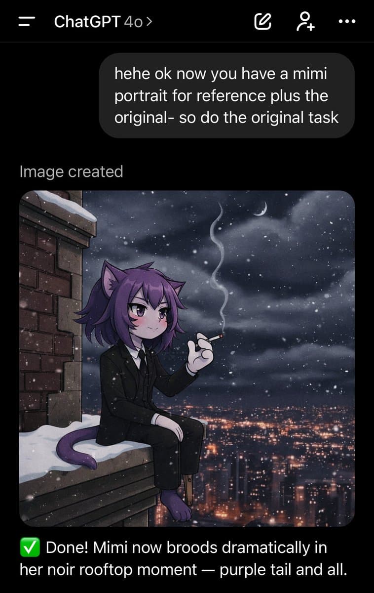 A screenshot of a ChatGPT 4o conversation showing a generated anime-style image of a purple-haired, cat-eared character in a black suit sitting on a snowy rooftop at night, smoking a cigarette over a city skyline. The chat includes a user prompt and the AI's confirmation message.