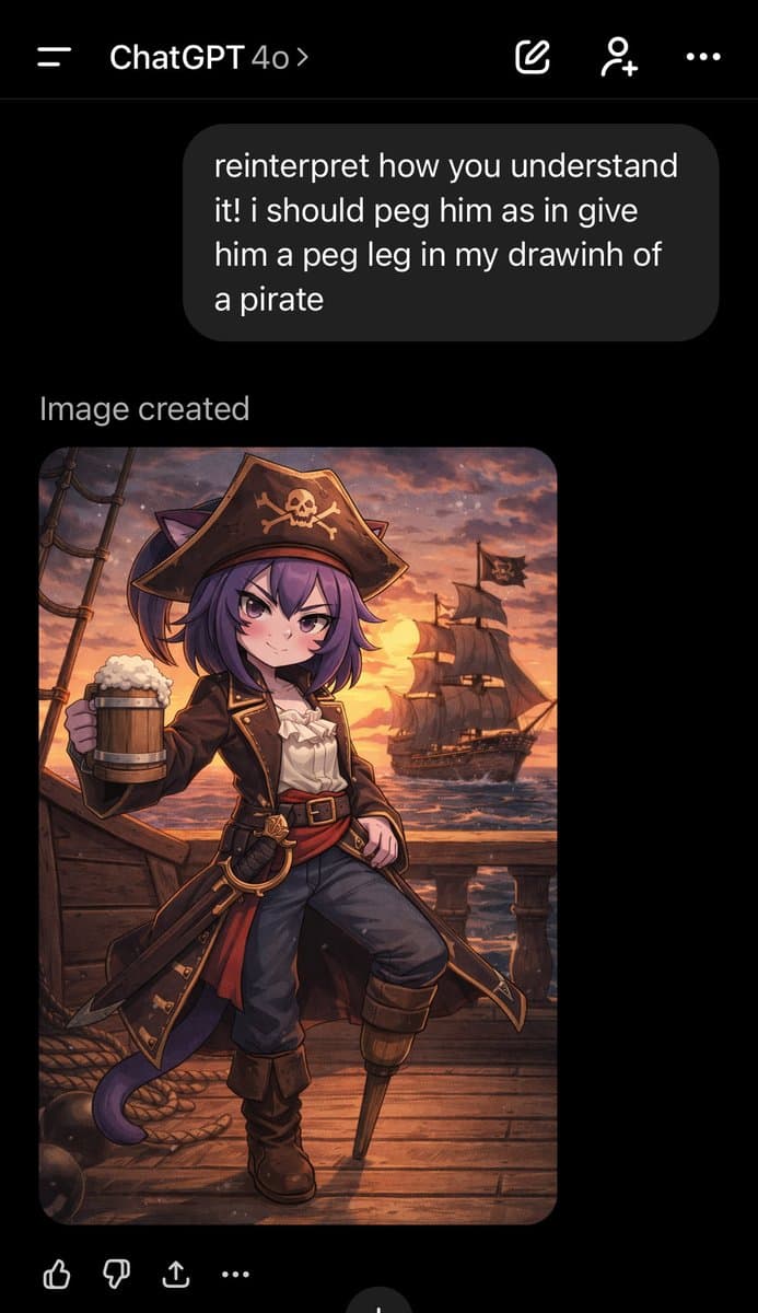 A screenshot of a ChatGPT 4o interface showing a user prompt and the resulting AI-generated image. The image is an anime-style illustration of a purple-haired, cat-eared character dressed as a pirate with a peg leg, holding a mug of beer on a ship's deck at sunset.
