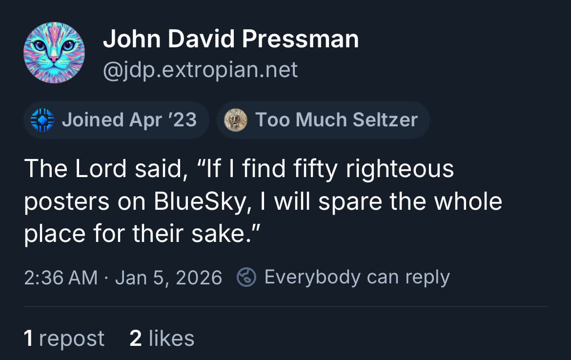 A screenshot of a social media post from a user named John David Pressman (@jdp.extropian.net). The post contains a humorous quote referencing the biblical story of Sodom and Gomorrah, adapted to the context of the BlueSky social network.