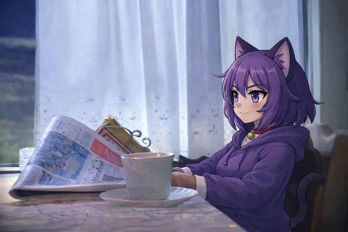 A digital anime-style illustration of a purple-haired girl with cat ears and a tail, wearing a purple hoodie, sitting at a table with a steaming cup of coffee and an open newspaper. She is looking toward the viewer with a gentle smile, seated in front of a window with sheer white curtains.