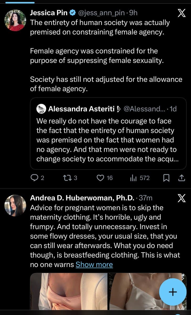 A screenshot of a Twitter feed displaying two posts. The top post by Jessica Pin discusses the historical constraint of female agency and quotes a tweet by Alessandra Asteriti. The bottom post by Andrea D. Huberwoman, Ph.D. offers advice to pregnant women about avoiding maternity clothing in favor of regular dresses and breastfeeding-specific clothing, accompanied by a photo of a woman in a white top.