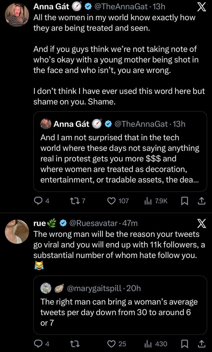 A screenshot of a Twitter conversation featuring a post by Anna Gát (@TheAnnaGat) and a reply from rue (@Ruesavatar). The posts contain text discussing the treatment of women in the tech industry and the dynamics of social media followers.