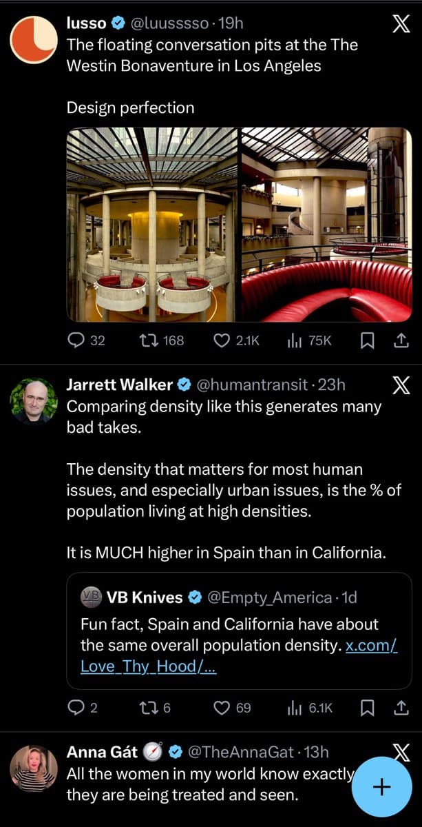 A screenshot of a Twitter feed showing a thread of posts. The top post by user 'lusso' features a photo of the Westin Bonaventure hotel's interior, while a reply from 'Jarrett Walker' discusses population density in Spain and California.