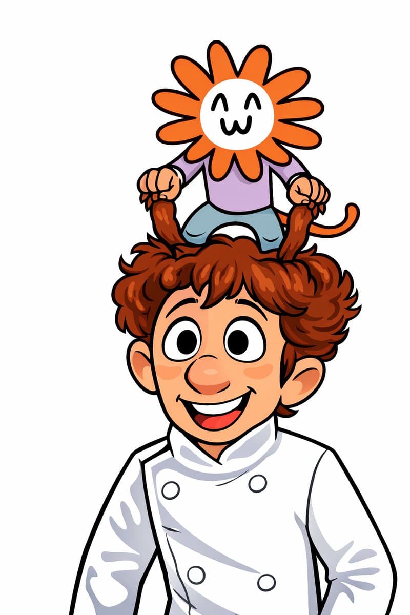 A cartoon illustration of a smiling man with curly brown hair wearing a white chef's coat, with a small, smiling flower-headed character sitting on top of his head.