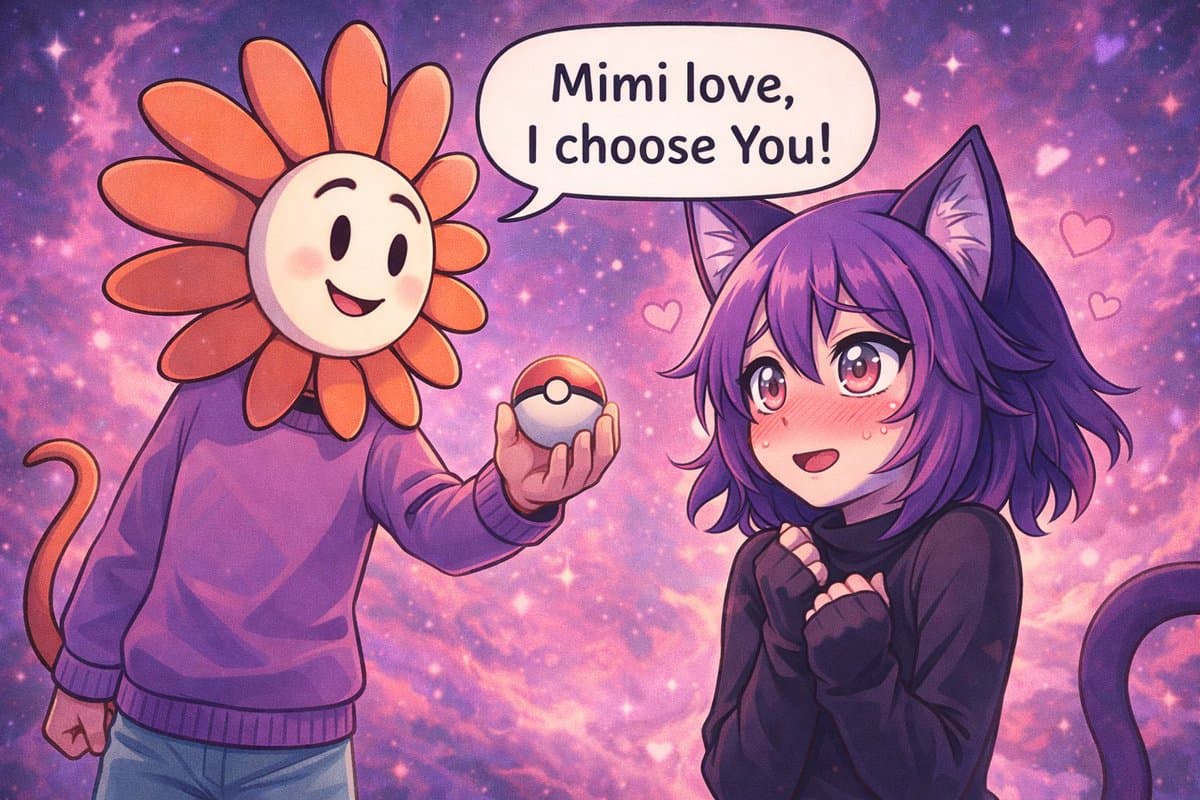 A digital illustration in an anime style showing a person with a sunflower head and a person with purple hair and cat ears against a cosmic background. The sunflower character holds a Poké Ball and has a speech bubble.