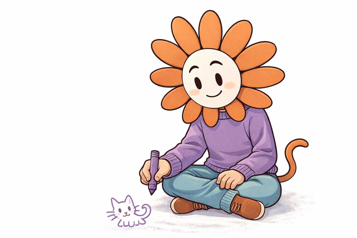 A digital illustration of a cartoon character with a sunflower head, wearing a purple sweater and blue jeans, sitting cross-legged on the ground. The character holds a purple crayon and is drawing a small purple outline of a cat on the white surface.