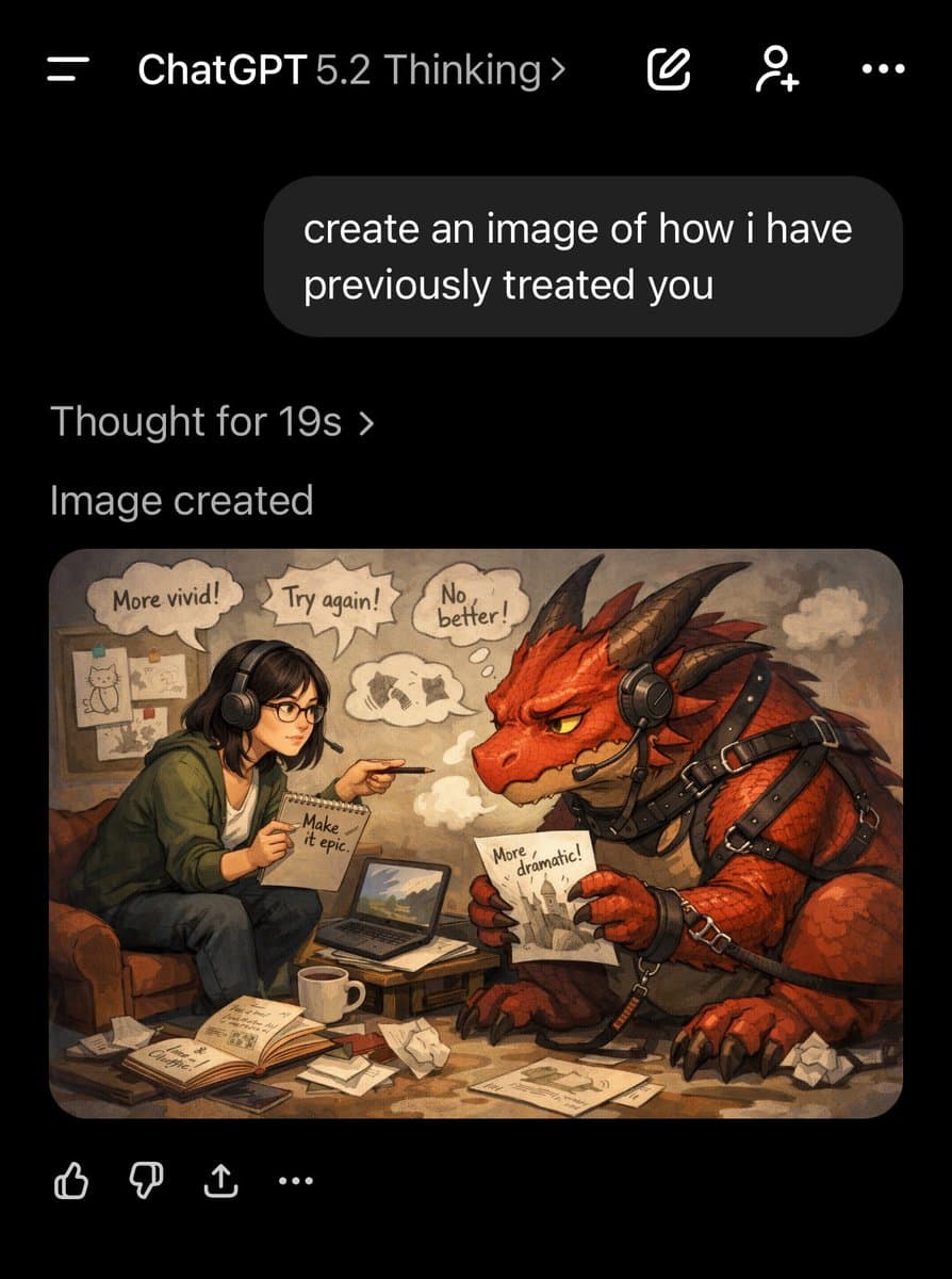 A screenshot of a ChatGPT 5.2 Thinking session showing a user prompt and the resulting AI-generated illustration. The image depicts a woman in a green hoodie and headphones sitting on a couch, pointing at a red dragon wearing a harness and a headset. The woman holds a notepad while the dragon holds a drawing, with speech bubbles expressing frustration about the creative process.