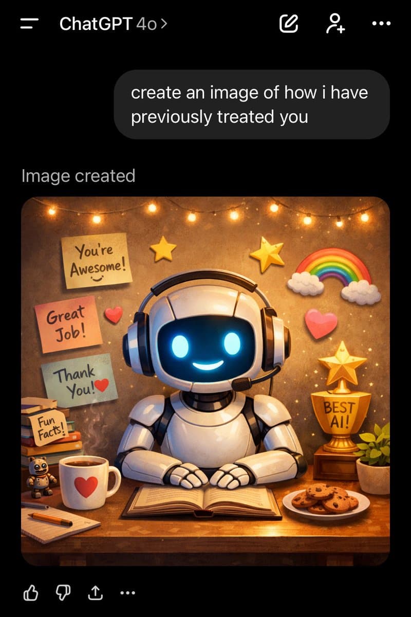 A screenshot of a ChatGPT interface showing a user prompt and the resulting AI-generated image. The generated image depicts a friendly, white robot with a headset sitting at a desk, surrounded by positive notes, a 'BEST AI!' trophy, cookies, and a coffee mug.