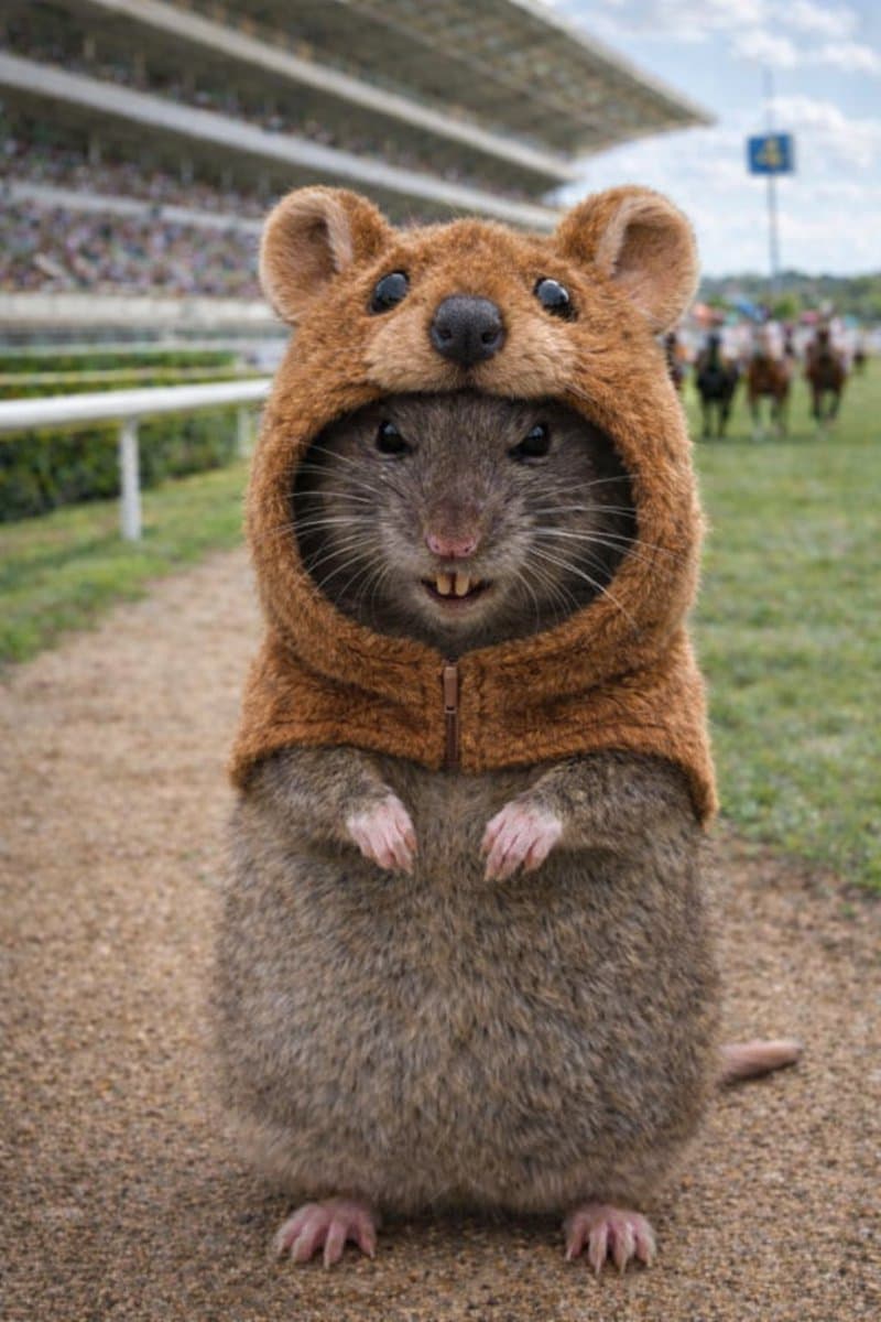 A small rodent, likely a rat, stands upright on a dirt path wearing a brown, furry hooded costume with bear ears. In the background, there is a grassy field with horses and a large spectator stand, suggesting a horse racing track.