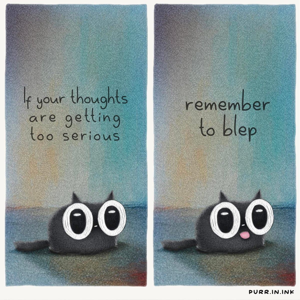 A two-panel digital illustration featuring a black, wide-eyed cat character against a textured blue and beige background. The left panel shows the cat with a neutral expression, while the right panel shows the cat with its tongue sticking out.
