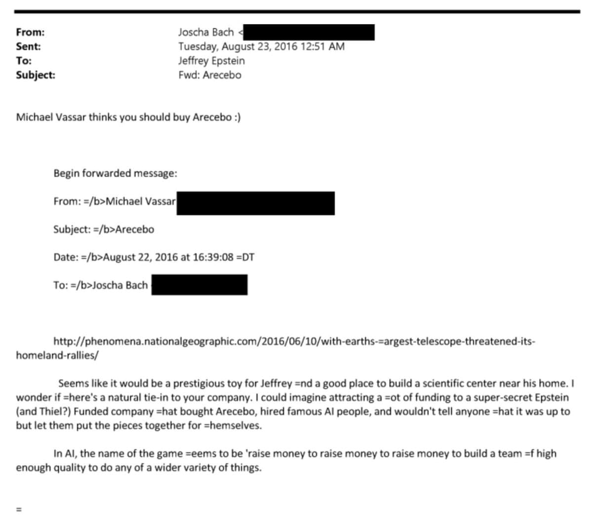 A screenshot of a forwarded email from Joscha Bach to Jeffrey Epstein, dated August 23, 2016, which includes a forwarded message from Michael Vassar discussing the purchase of the Arecebo observatory. The email body contains a link to a National Geographic article and text suggesting the observatory could be a 'prestigious toy' for Epstein and a place to build a scientific center.