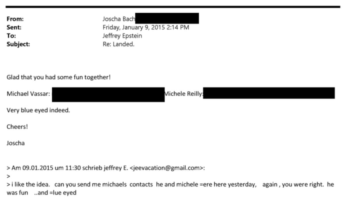 A screenshot of an email from Joscha Bach to Jeffrey Epstein, dated January 9, 2015, with parts of the recipient names redacted. The email body includes the phrase "Very blue eyed indeed." and a quoted reply from Epstein mentioning that "he was fun ...and =lue eyed".