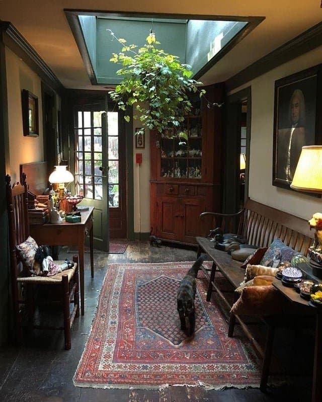 A cozy, vintage-style interior featuring a long hallway with dark wood paneling, a large patterned rug, and antique furniture. A black cat walks across the rug toward a wooden bench, while a large potted plant hangs from a skylight above.