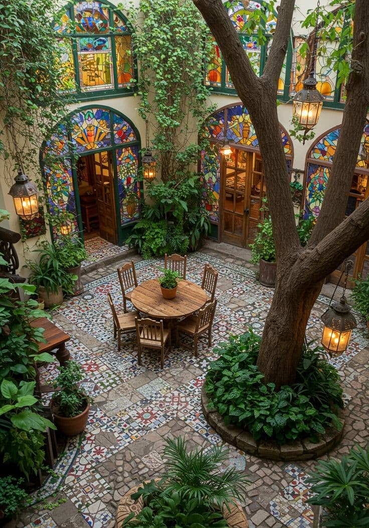 A lush, sunlit courtyard featuring a mosaic-tiled floor, a central wooden table with chairs, and abundant greenery. The space is framed by arched doorways and windows adorned with vibrant stained glass, illuminated by hanging lanterns.