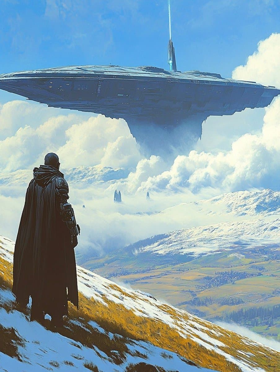A digital illustration depicting a cloaked figure standing on a snowy hill, gazing up at a massive, disc-shaped spaceship hovering in the sky above a mountainous landscape.