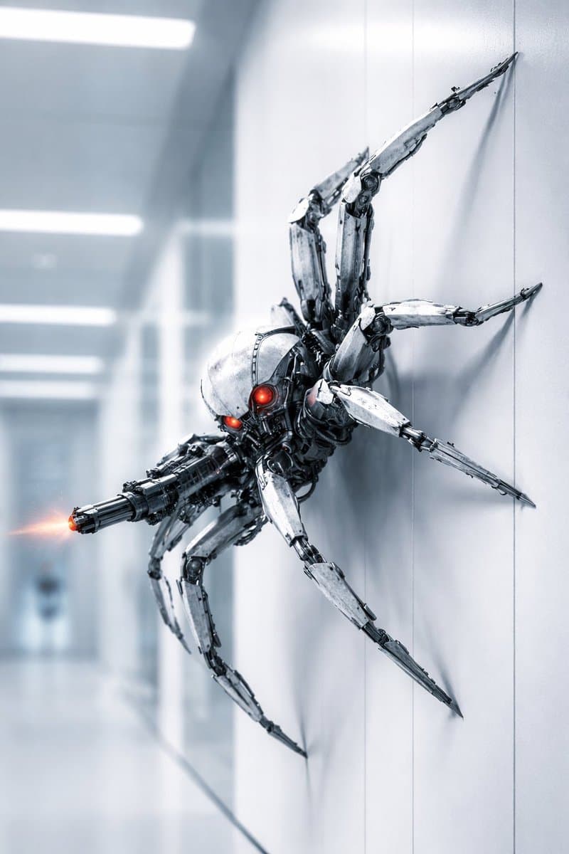 A digital illustration of a futuristic, multi-legged robotic spider with glowing red eyes and a mounted gun, crawling on a white wall in a sterile, brightly lit corridor.