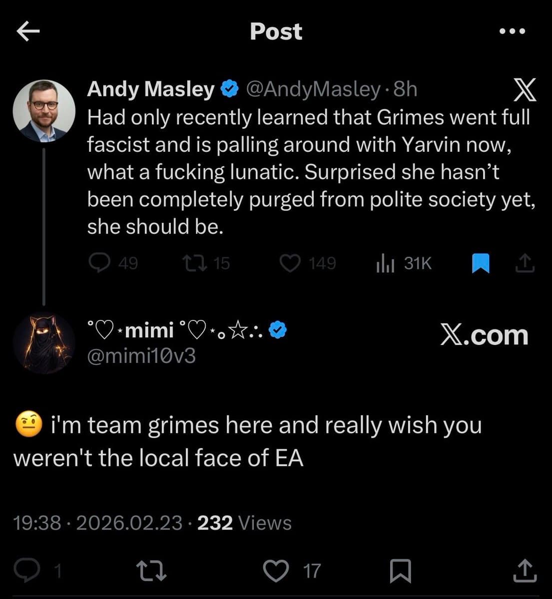 A screenshot of a Twitter (X) conversation showing a reply to a post. The original post by Andy Masley criticizes Grimes, and a reply from a user named 'mimi' defends Grimes and criticizes Masley.