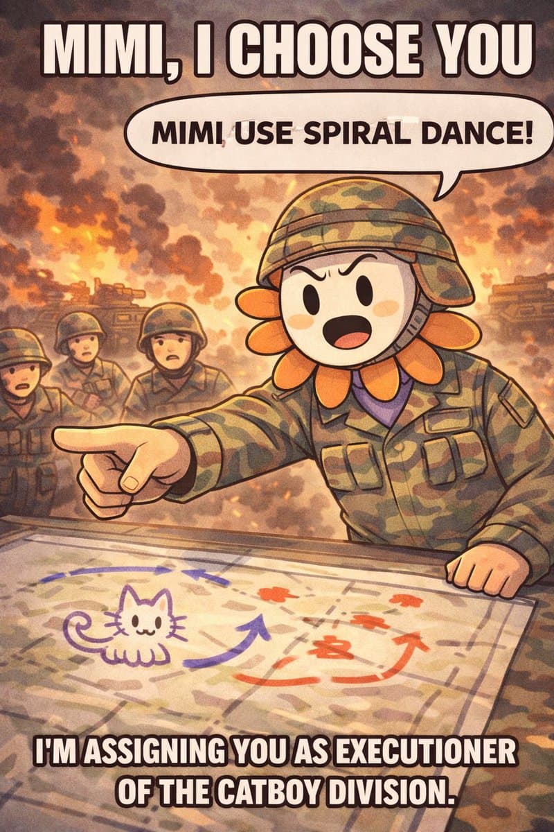 A cartoon-style meme depicting a sunflower-headed character in a military uniform pointing at a map, with other soldiers in the background. The image is overlaid with text that reads: 'MIMI, I CHOOSE YOU', 'MIMI, USE SPIRAL DANCE!', and 'I'M ASSIGNING YOU AS EXECUTIONER OF THE CATBOY DIVISION.'