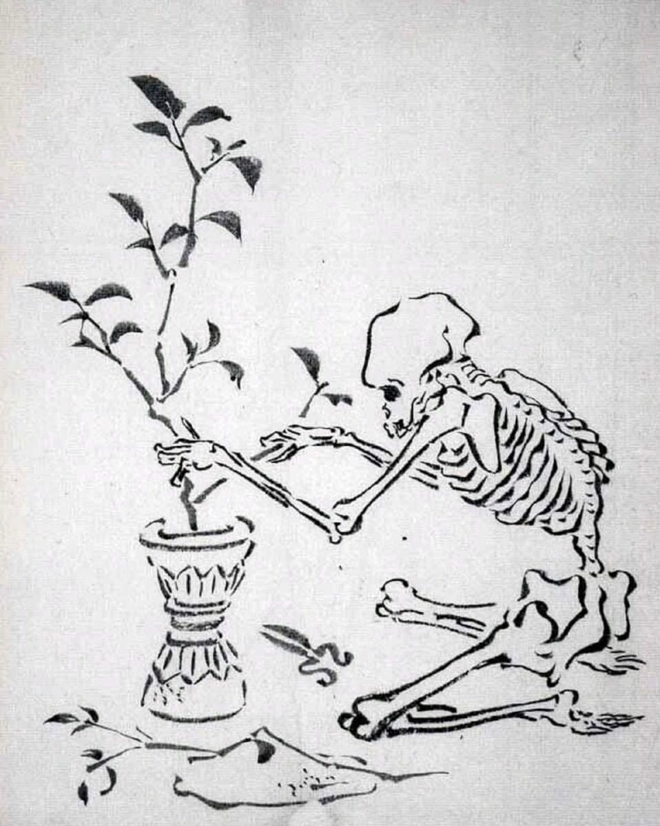 A black-and-white ink drawing depicts a kneeling human skeleton arranging a leafy branch in a decorative vase. A pair of scissors and a cut branch lie on the ground nearby.