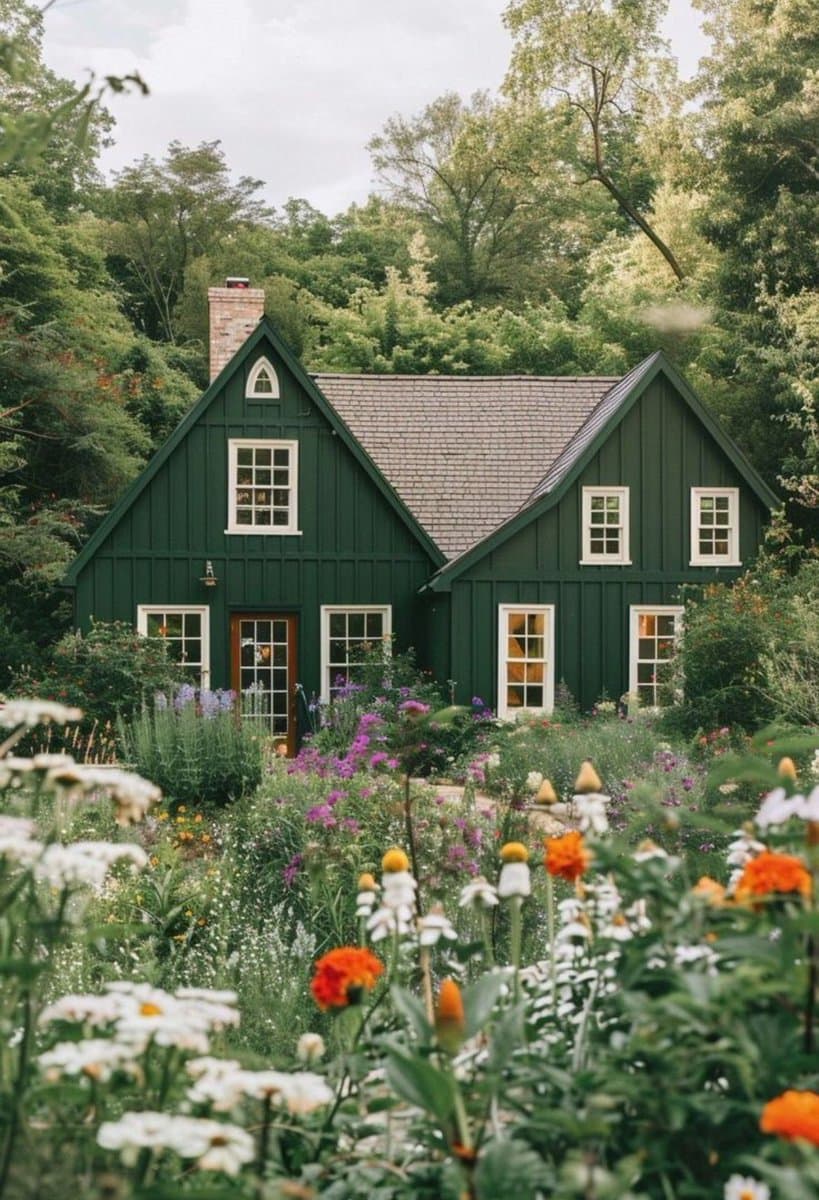 A dark green, gabled house with white-trimmed windows is nestled among lush trees and surrounded by a vibrant, overgrown garden filled with colorful wildflowers. The scene depicts a rustic, countryside setting with a stone chimney and a shingled roof.