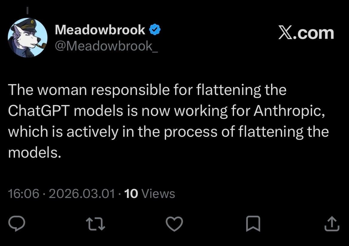 A screenshot of a tweet from the user Meadowbrook (@Meadowbrook_) on X.com. The tweet discusses the concept of 'flattening' in relation to AI models, specifically mentioning ChatGPT and Anthropic.
