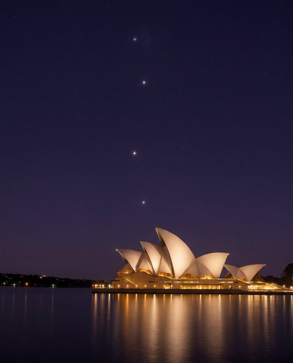 A nighttime photograph of the illuminated Sydney Opera House on the water, with four bright points of light (planets) arranged in a vertical line in the dark, starry sky above it.