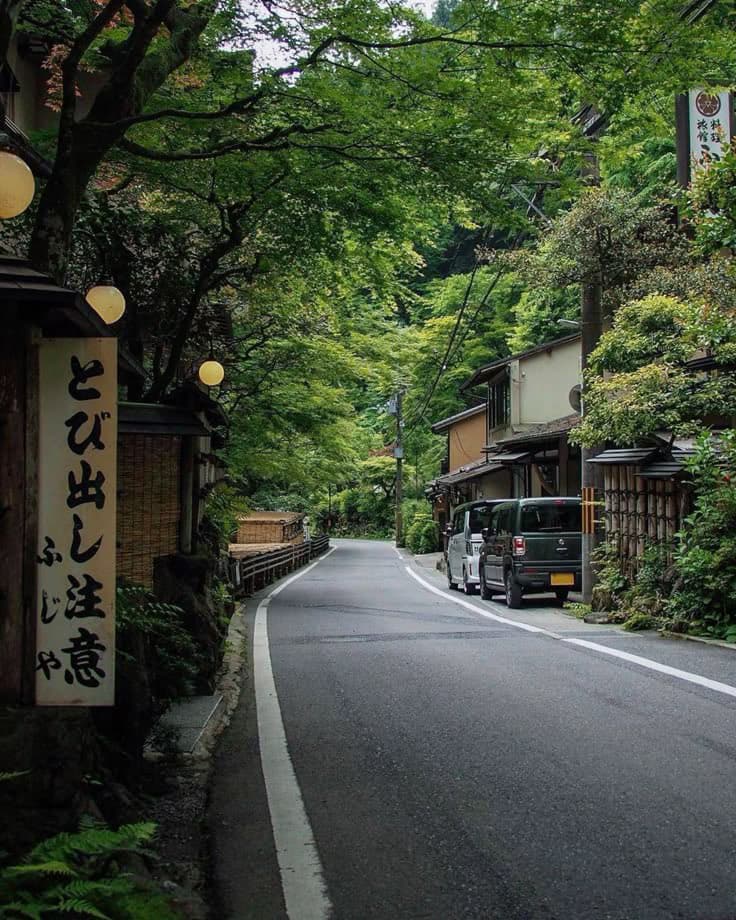 A quiet, tree-lined street in a traditional Japanese neighborhood, likely Kyoto, with parked cars and wooden buildings. A vertical sign with Japanese text is visible on the left side of the road.