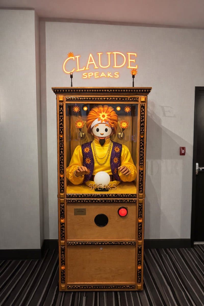 A wooden, cabinet-style robot named "Claude" stands in an office hallway, featuring a stylized figure with a yellow outfit and orange headdress inside a glass case. A neon sign above the robot reads "CLAUDE SPEAKS".