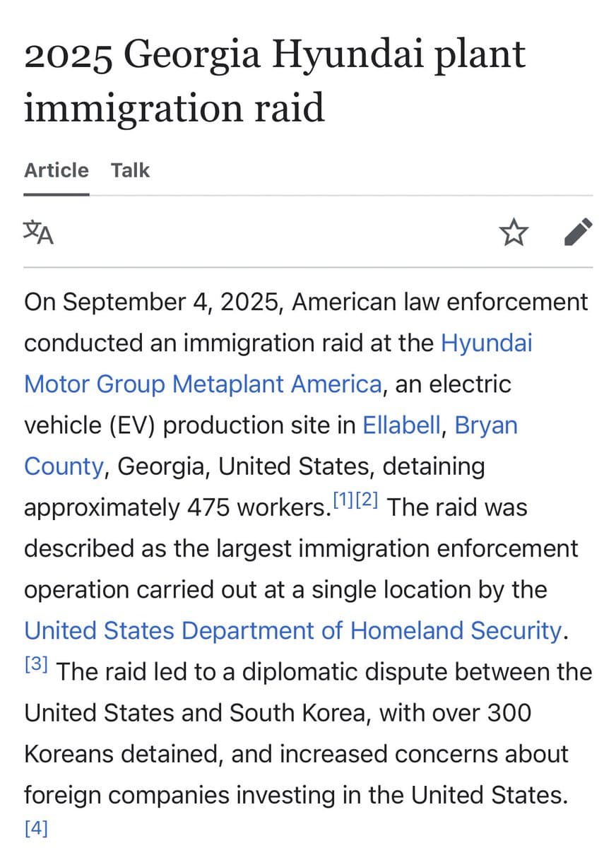 A screenshot of a Wikipedia article titled "2025 Georgia Hyundai plant immigration raid." The image shows the article's introductory paragraph, which describes a law enforcement action at a Hyundai factory in Georgia.