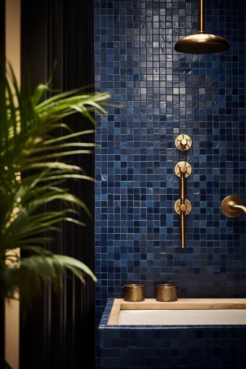 A bathroom interior featuring a wall and bathtub clad in small, glossy blue mosaic tiles. Brass fixtures, including a rain shower head and control valves, are mounted on the tiled wall, and a green potted plant is visible on the left.