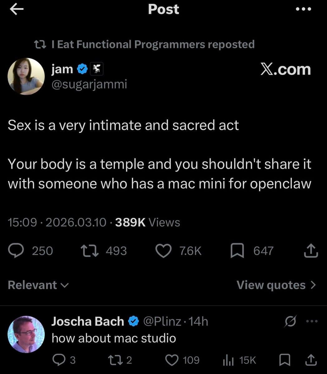 A screenshot of a social media post from X.com featuring a quote-tweet. The main post by user @sugarjammi contains a satirical statement about intimacy and technology, which is then replied to by user @Plinz with a punchline.