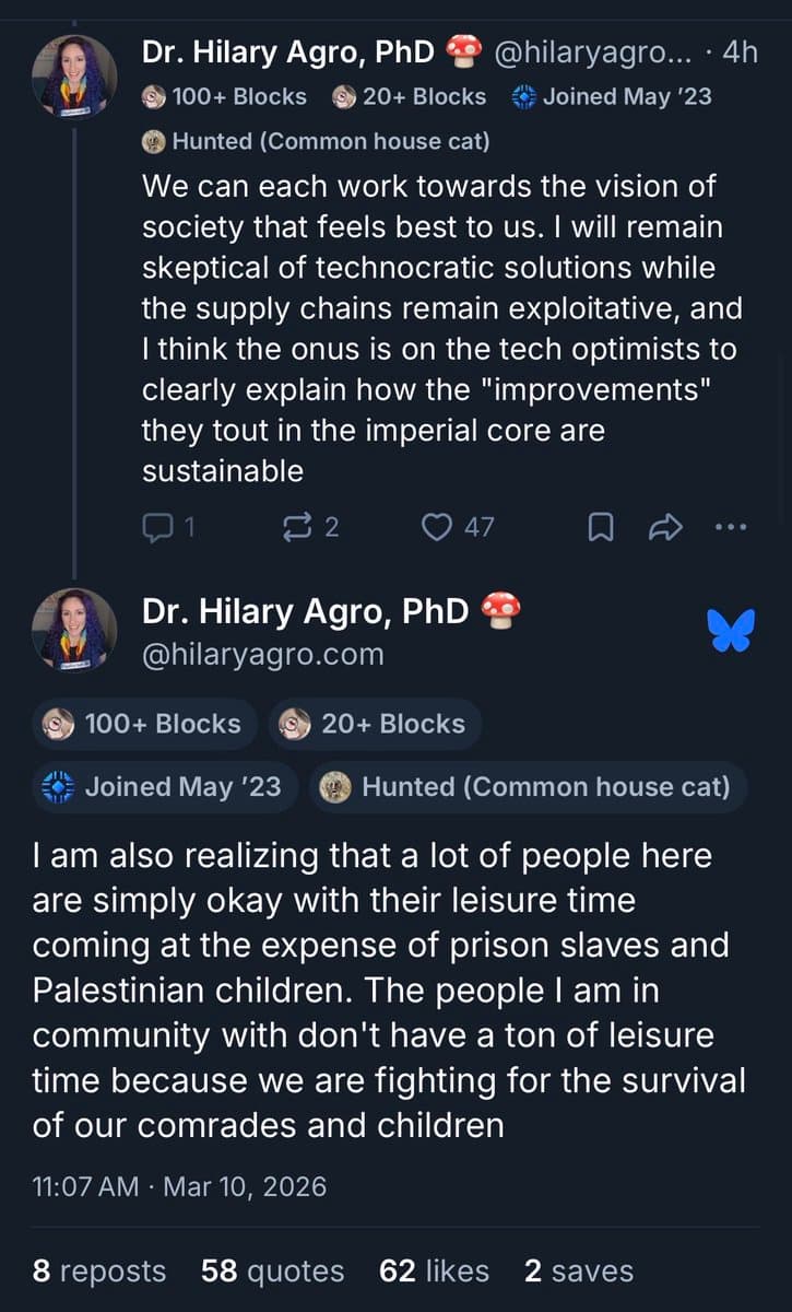 A screenshot of a Twitter thread by user Dr. Hilary Agro, PhD, displaying two posts with political commentary on technology, supply chains, and social issues.