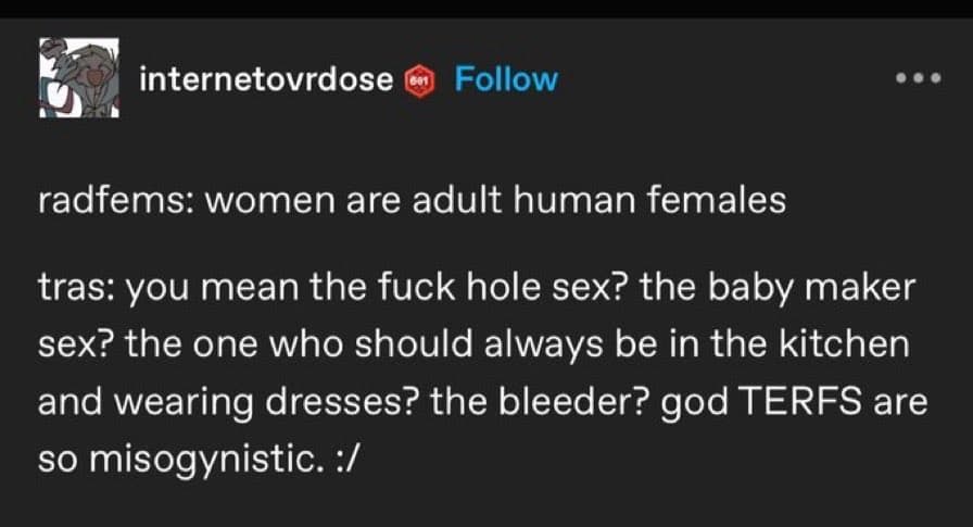 A screenshot of a social media post from the account "internetovrdose". The post contains a text-based joke contrasting a definition of women with a derogatory, misogynistic response.