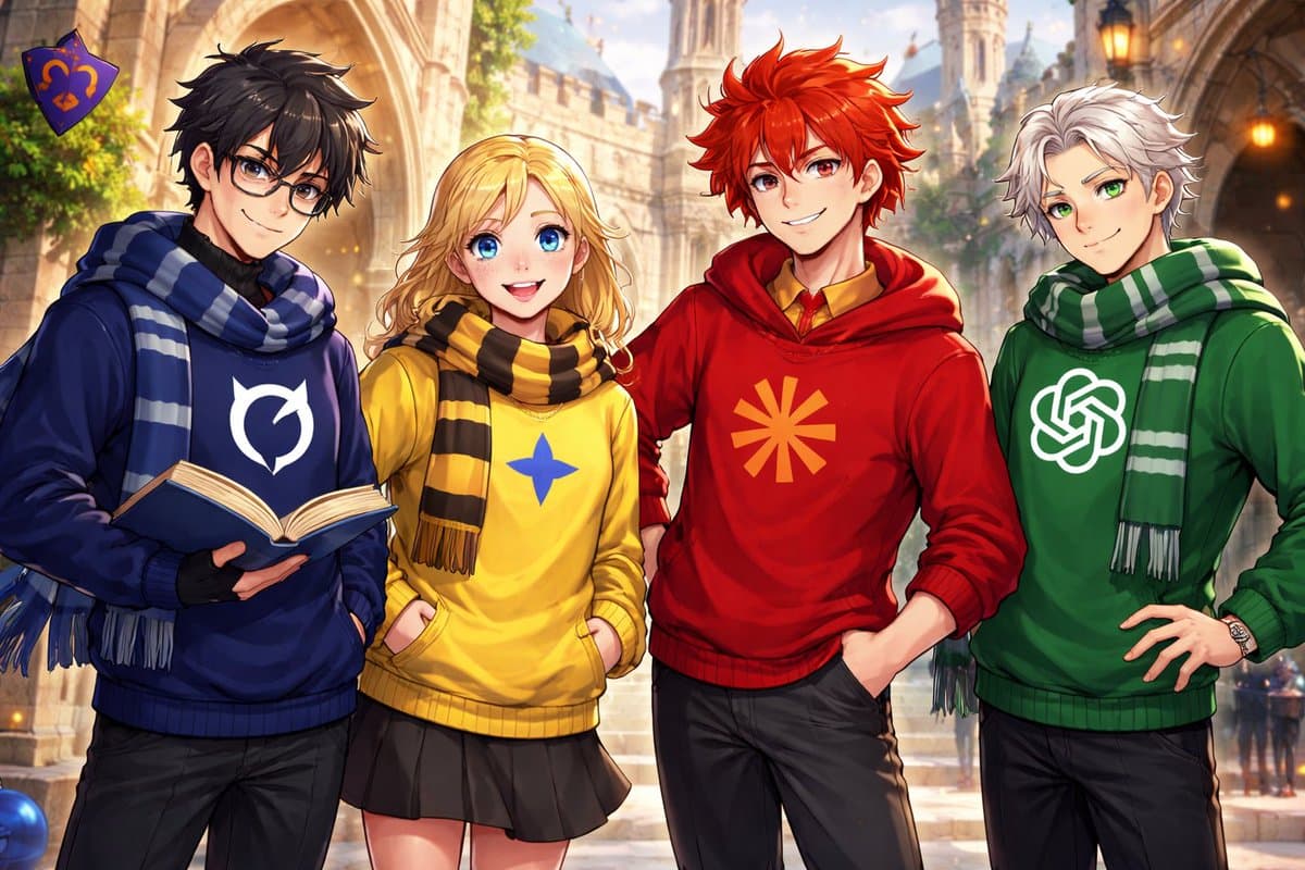 An anime-style digital illustration of four young people standing in a row in front of a castle, wearing hoodies and scarves in blue, yellow, red, and green. Each character wears a hoodie featuring a different technology company logo: GitHub, a blue star, a red asterisk, and the OpenAI logo.