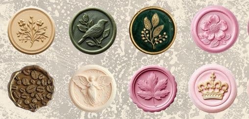 A collection of eight decorative wax seals in various colors and designs, including floral, bird, and crown motifs, arranged in two rows on a textured background.