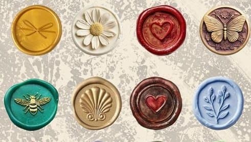 A collection of eight decorative wax seals in various colors and designs, including a daisy, a butterfly, a bee, a heart, and a shell, arranged in two rows on a textured background.
