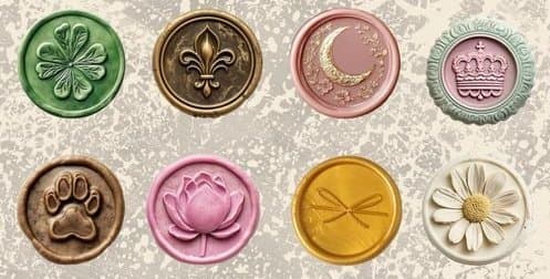 A grid of eight colorful wax seals, each embossed with a different decorative design such as a clover, fleur-de-lis, crescent moon, crown, paw print, lotus flower, ribbon, and daisy.