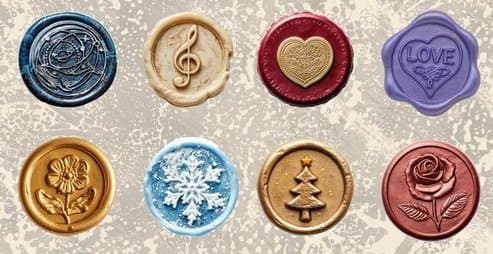 A grid of eight colorful wax seals, each with a different embossed design, including a treble clef, a heart, the word LOVE, a flower, a snowflake, a Christmas tree, and a rose.