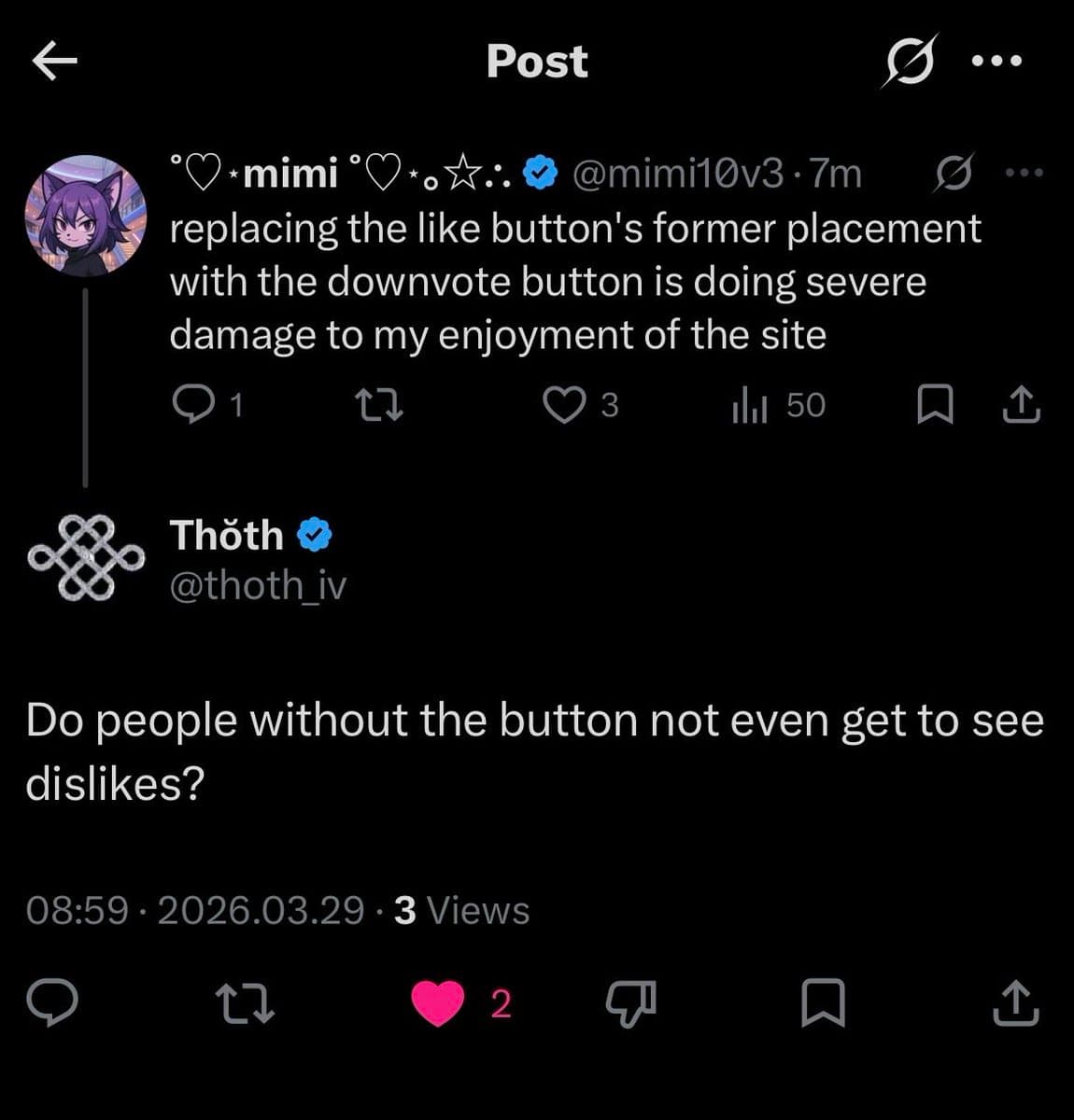 A screenshot of a Mastodon post showing a reply to a complaint about a UI change. The original post by user 'mimi' states that replacing the like button with a downvote button is damaging their enjoyment of the site. The replying user, 'Thoth', asks, 'Do people without the button not even get to see dislikes?'.