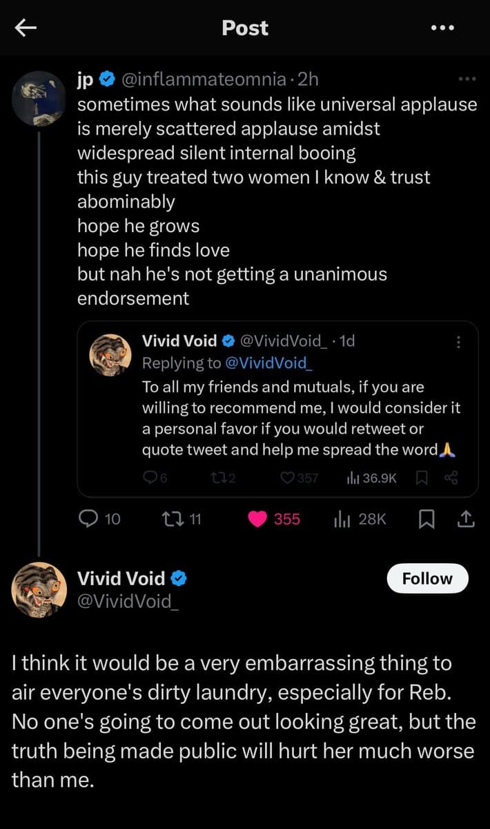 A screenshot of a Twitter thread featuring a post by user 'jp' (@inflammateomnia) criticizing a third party's behavior, which includes a quoted tweet from 'Vivid Void' asking for retweets, followed by a reply from 'Vivid Void' discussing the potential embarrassment of airing 'dirty laundry.'