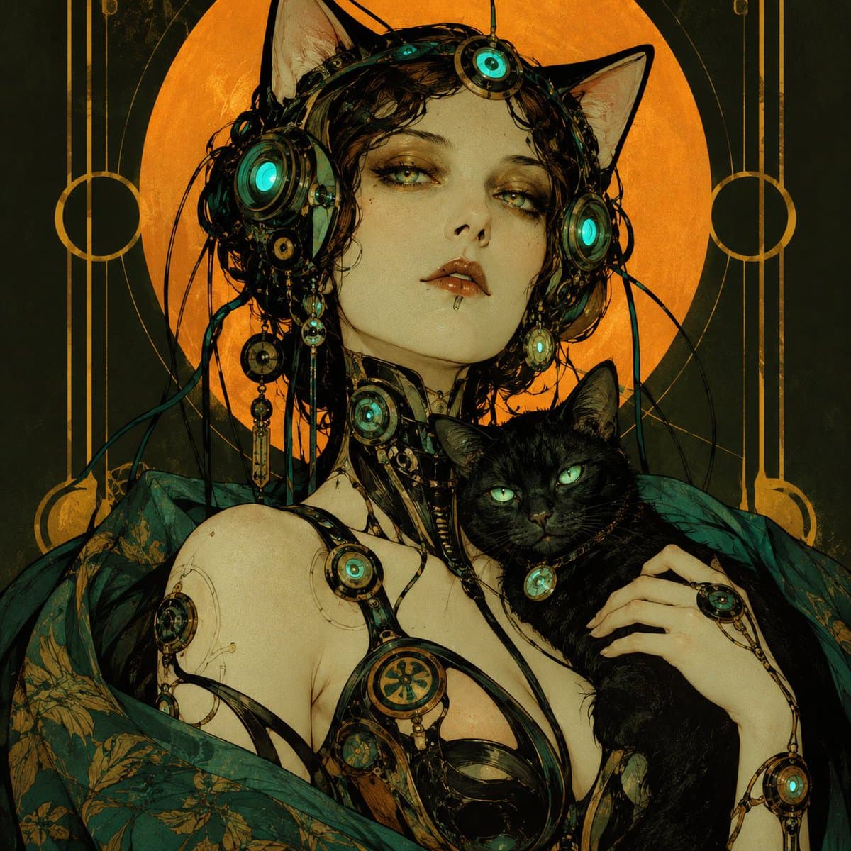 A digital illustration in a steampunk style depicting a woman with cat ears and a black cat, both adorned with intricate mechanical and glowing teal accessories. The background features a large orange circle and Art Deco-inspired geometric lines.