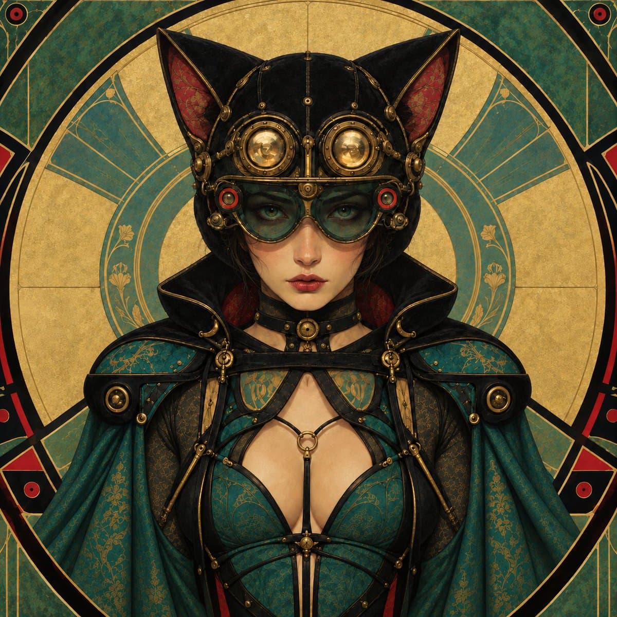 A digital illustration of a woman in a steampunk-style outfit featuring large cat ears, goggles, and a teal and black bodice. She is framed by an ornate, circular background with gold and teal patterns. The image has a detailed, fantasy-art aesthetic.
